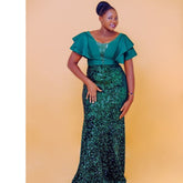 Plus Size Evening Party Dresses Women New Fashion V-neck Short Sleeve Green Dresses Elegant Slim Sequin Elegant Women's Dresses